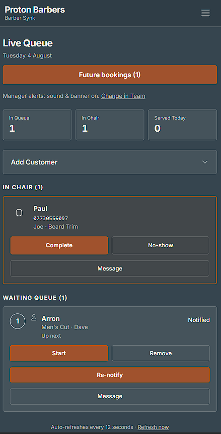 BarberSynk dashboard showing in queue, in chair, and served today counts