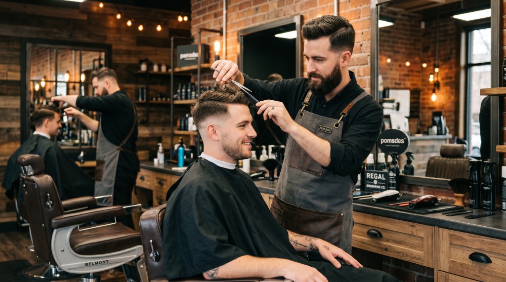 Professional barber cutting a client's hair in a modern barbershop